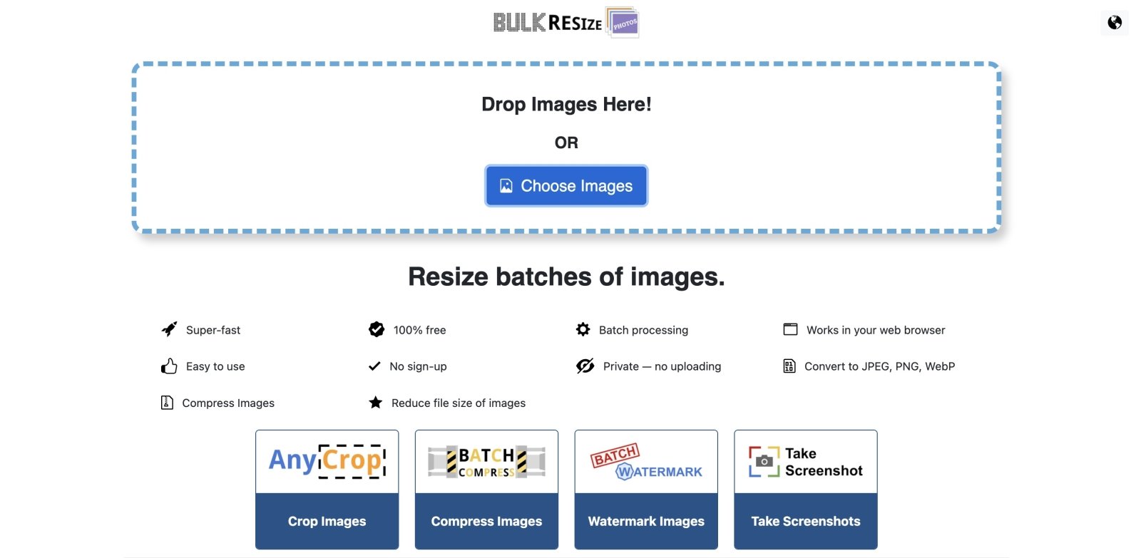 Bulk Resize image optimization tool web page