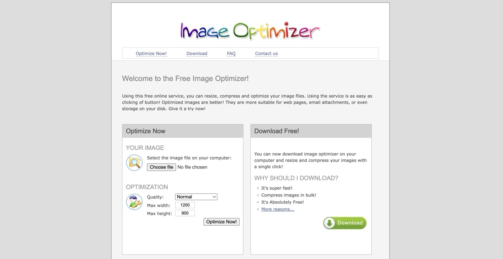 Free Image Optimizer web page interface