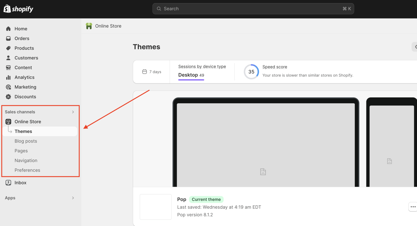 The Themes section in Shopify Admin