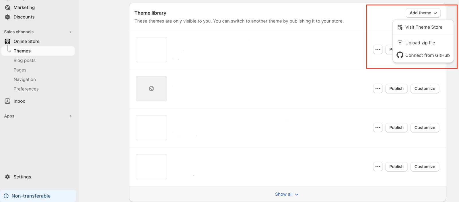 Add theme option in Shopify Admin Theme library