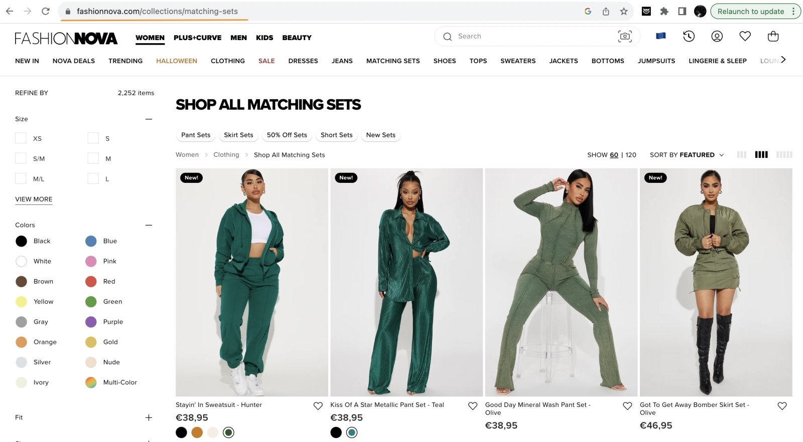 Fashion Nova matching sets collection page with URL highlighted