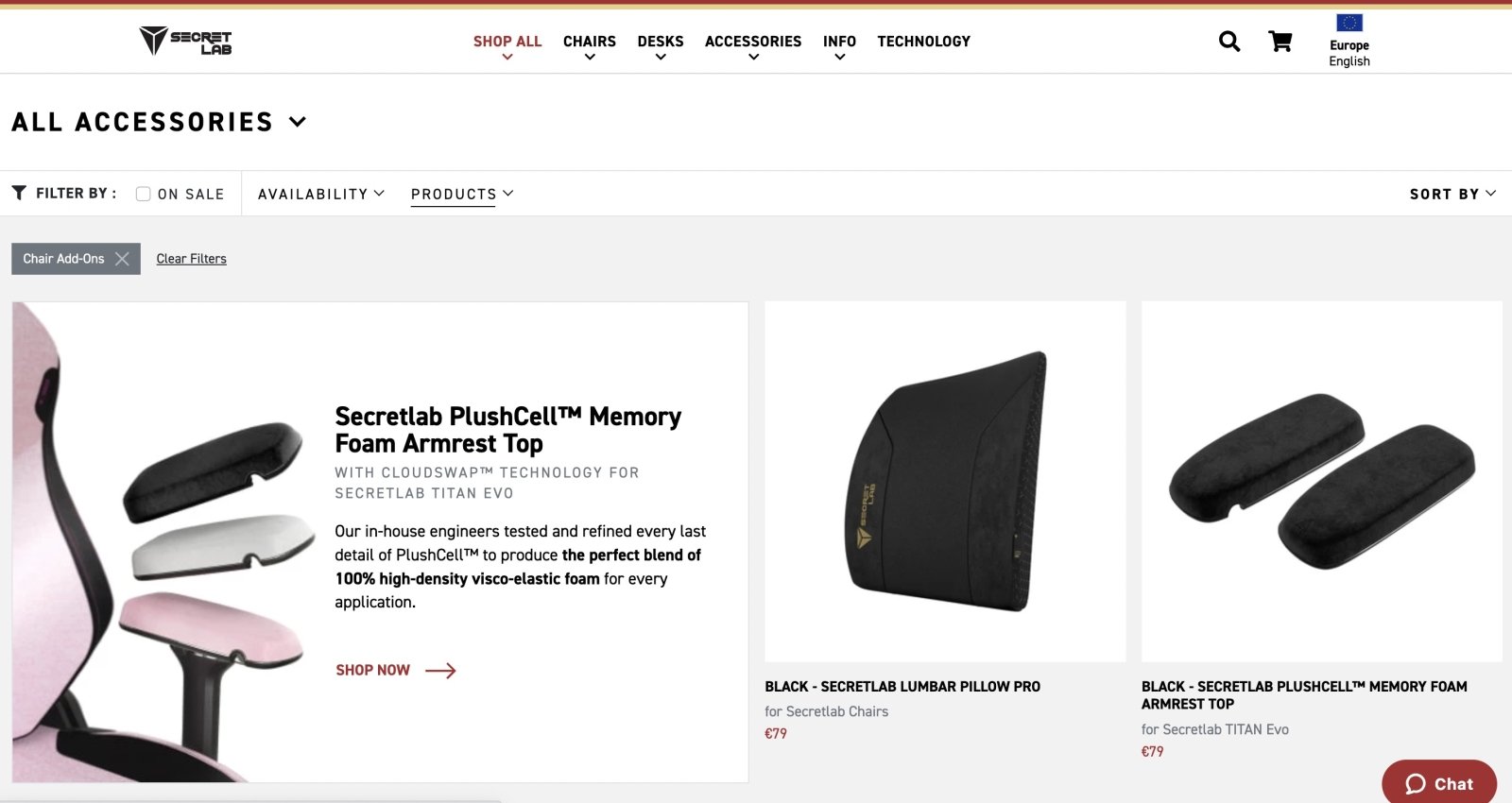 Secretlabs collection page of gaming chair add-ons