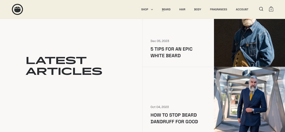 Latest articles section on the Beardbrand Shopify blog