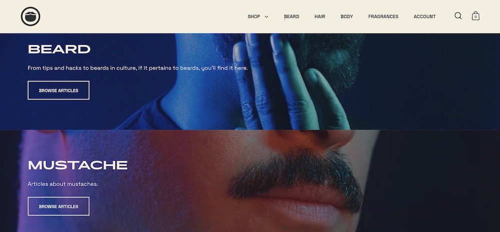 Blog categories on the Beardbrand Shopify blog