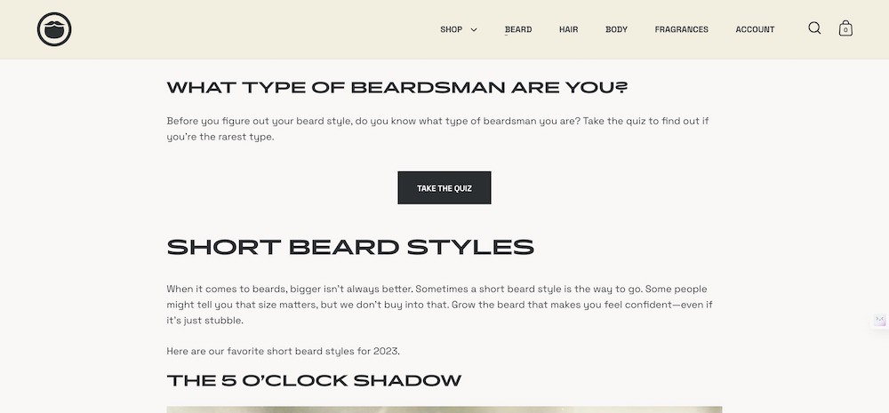 A quiz integrated in the Beardbrand Shopify blog article