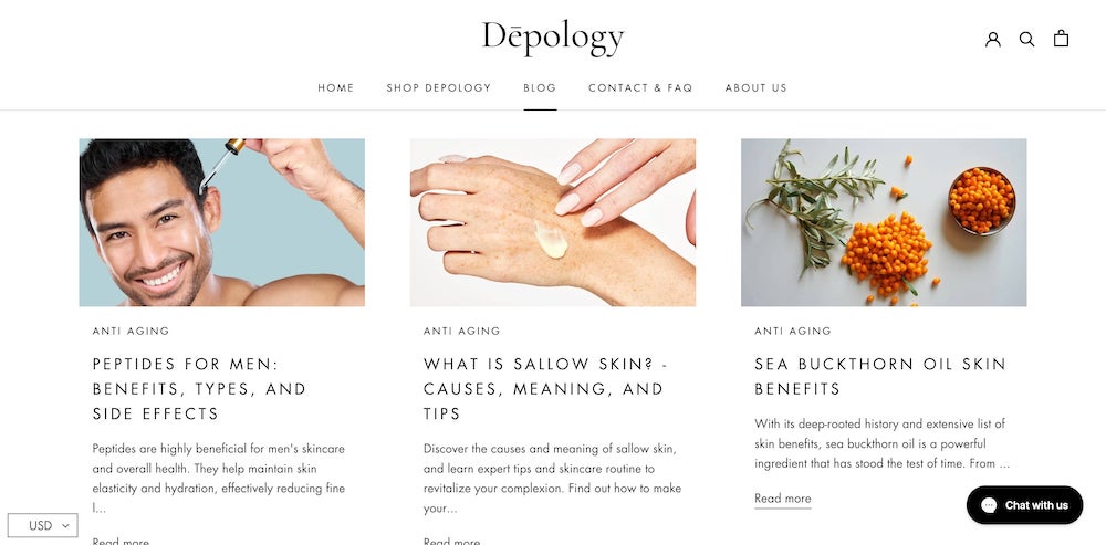 The Depology Shopify blog article list layout