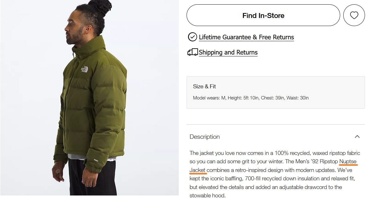 North Face SEO product description example