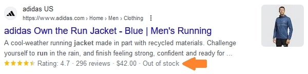Out of stock product page search example