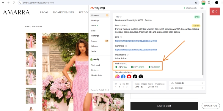 AMARRA optimized Core Web Vitals results on TinySEO Chrome extension