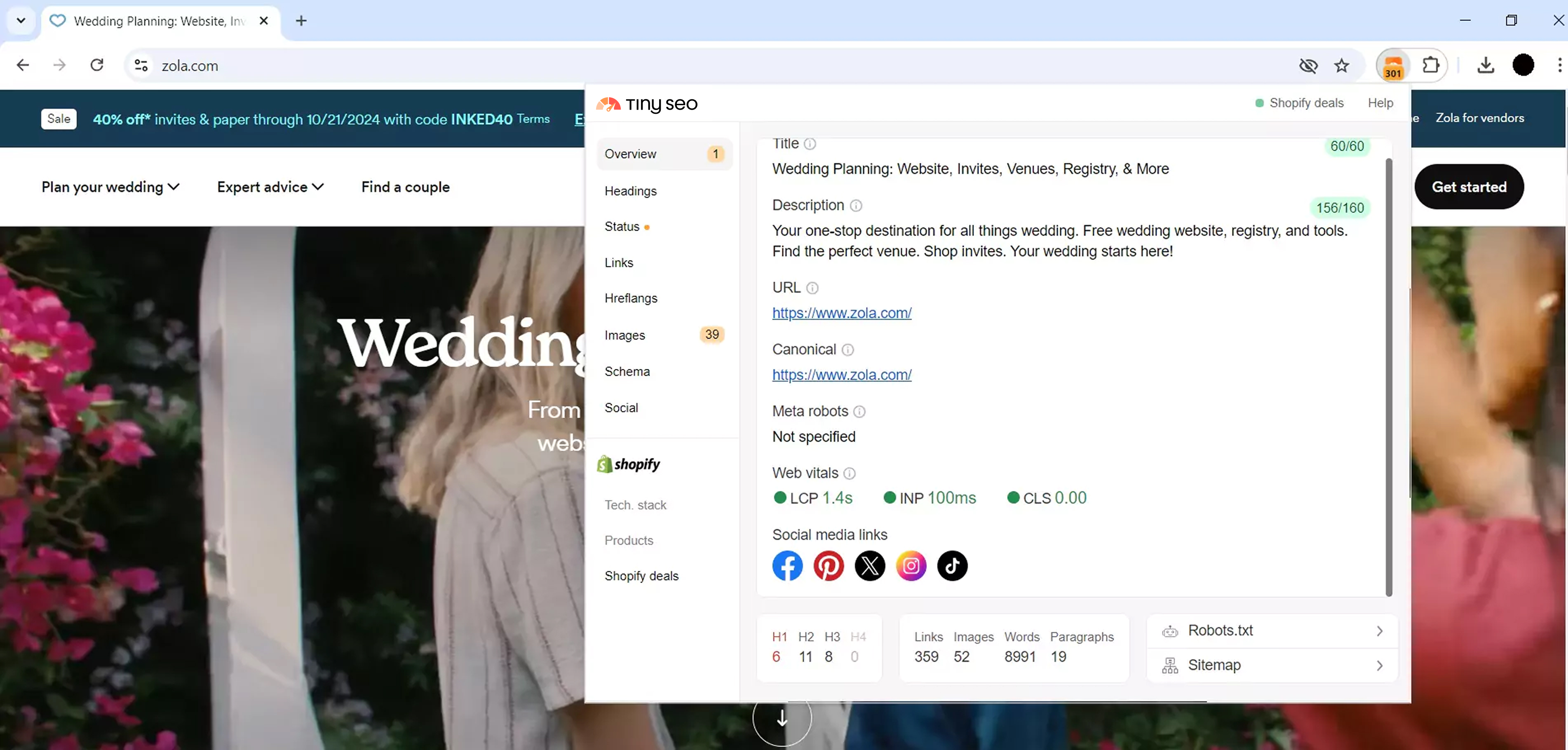 Review social media links on your page with TinySEO