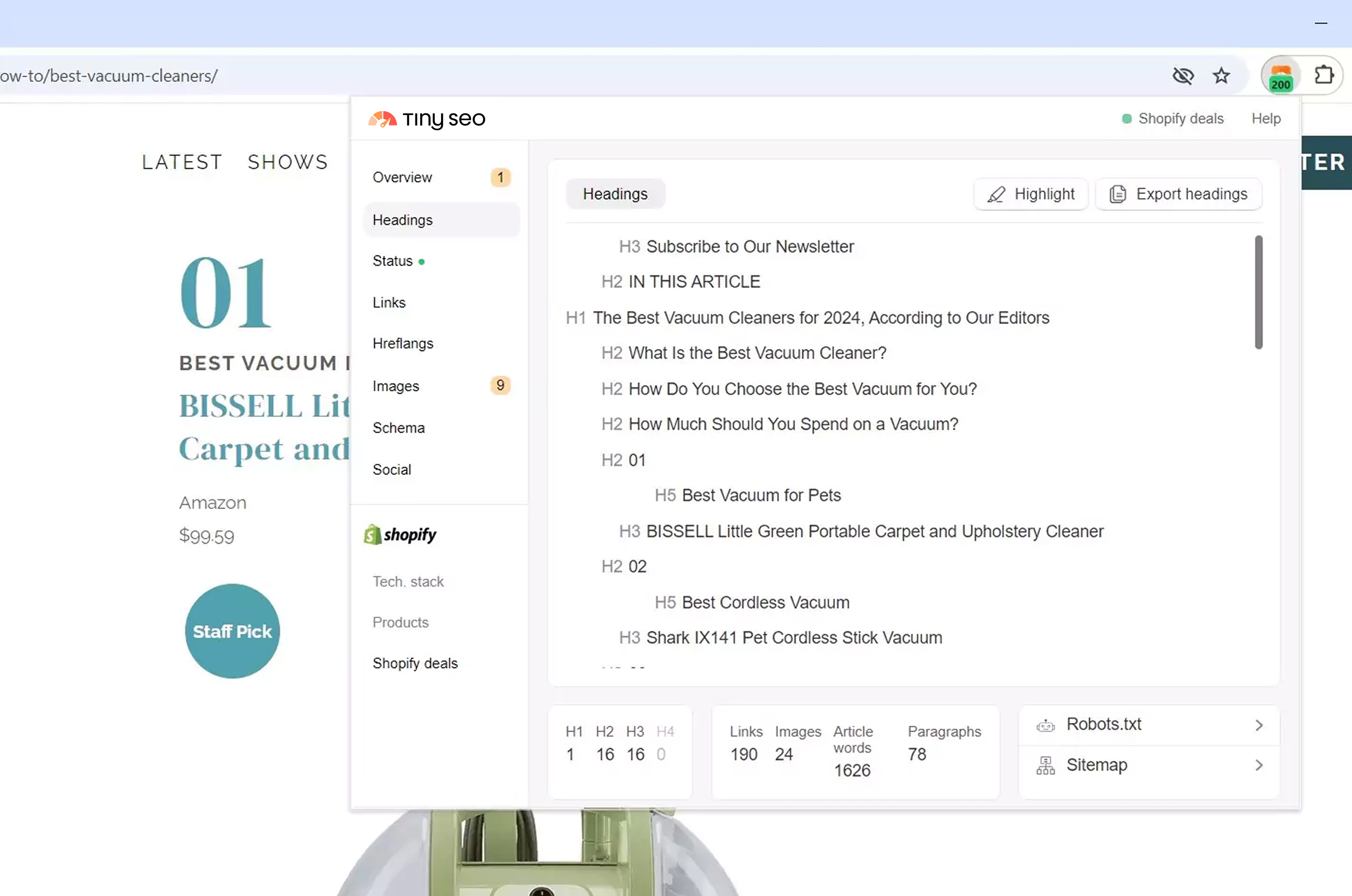 Heading structure example on TinySEO