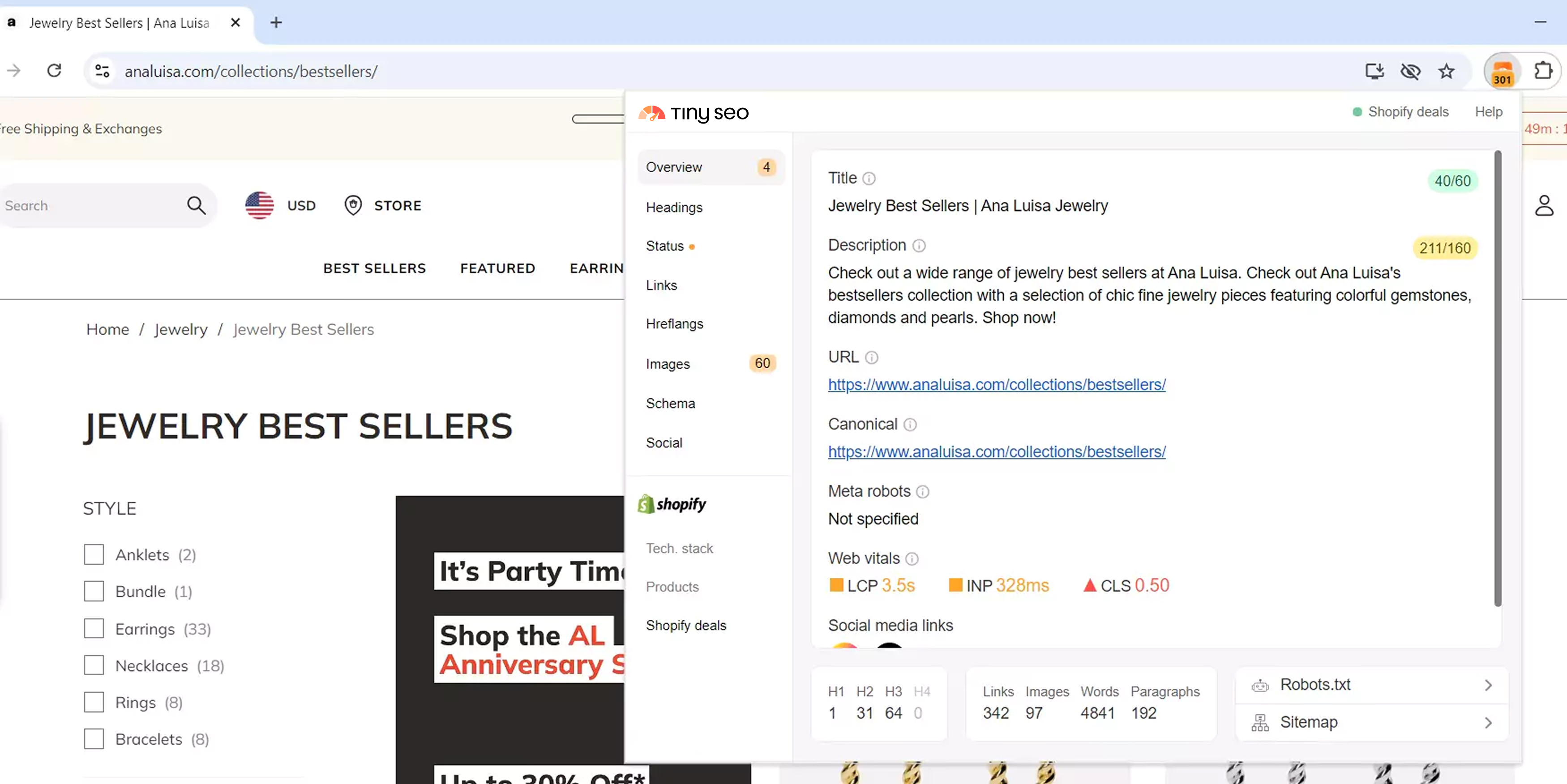 Landing page overview on the TinySEO extension