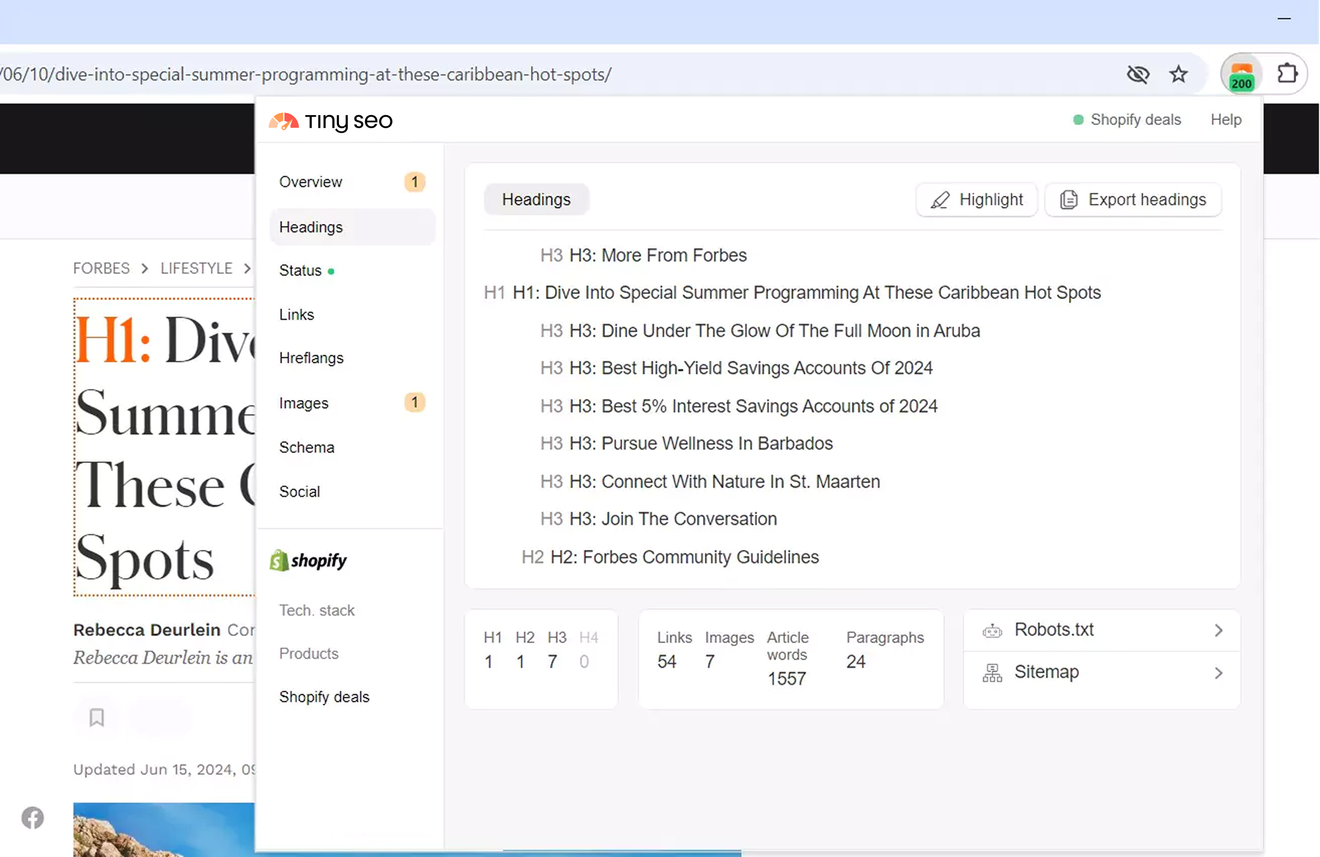 Heading overview in the TinySEO extension