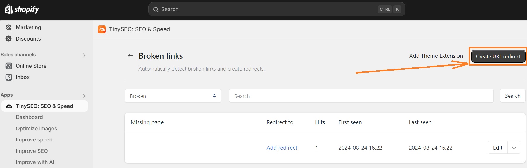 Create URL redirect on TinySEO app