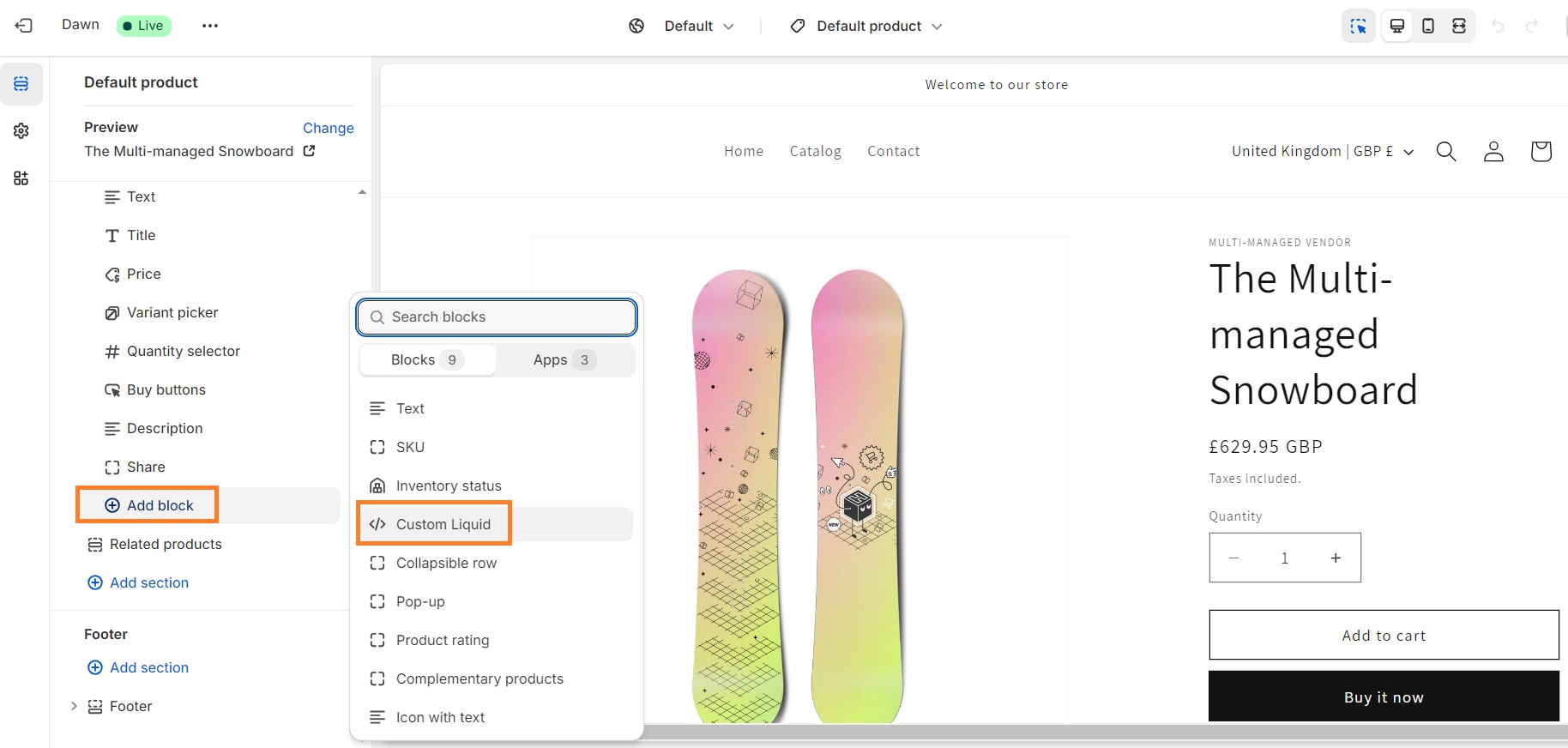 Add a Custom liquid code