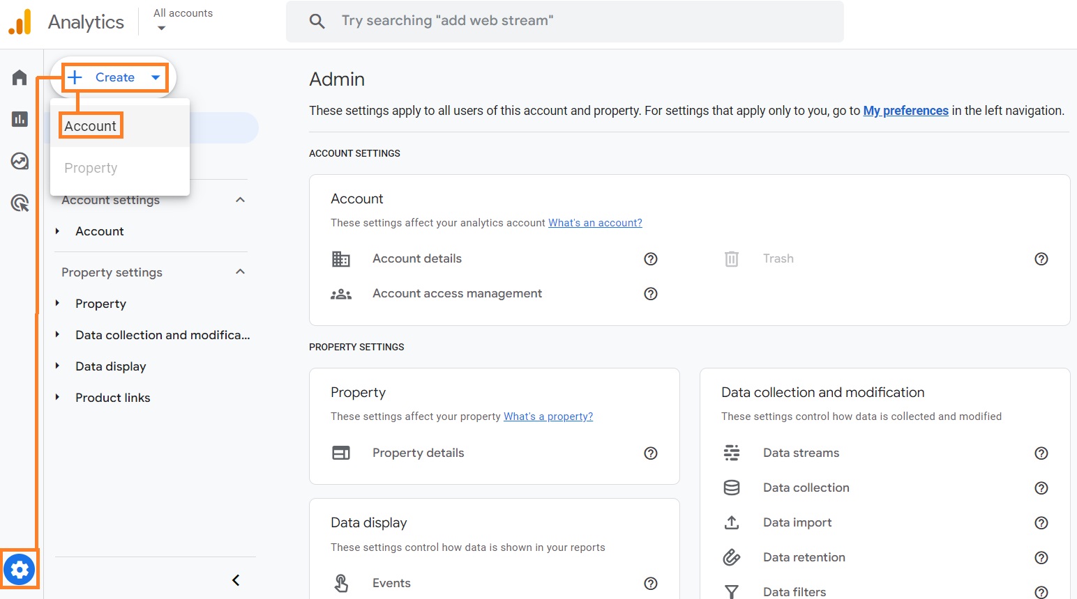 create new Google Analytics account