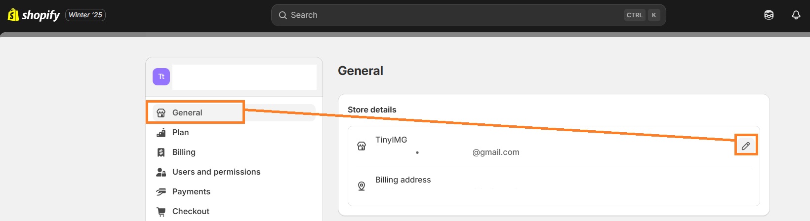 Edit store details on Shopify