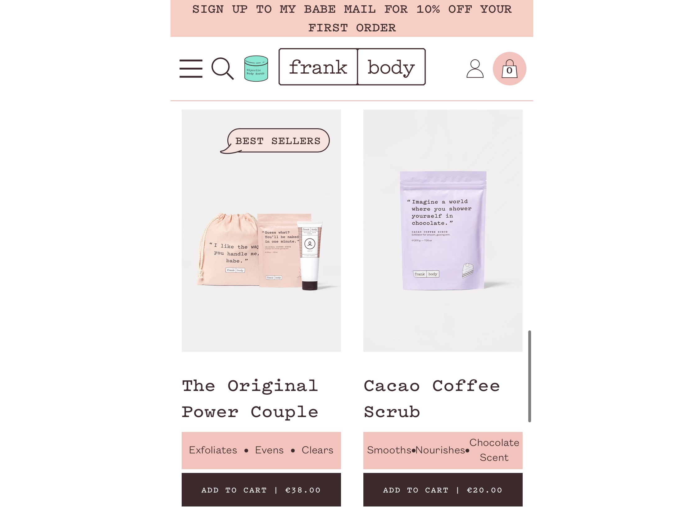 Frank Body sticky navigation bar