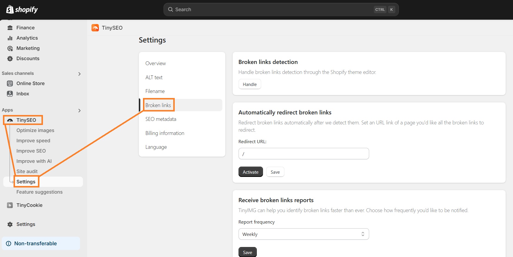 Broken link fixing with TinySEO