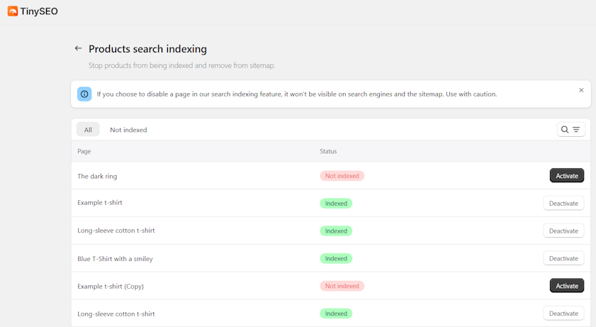 TinySEO Page indexing feature