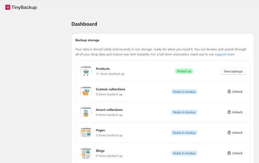 TinyBackup interface