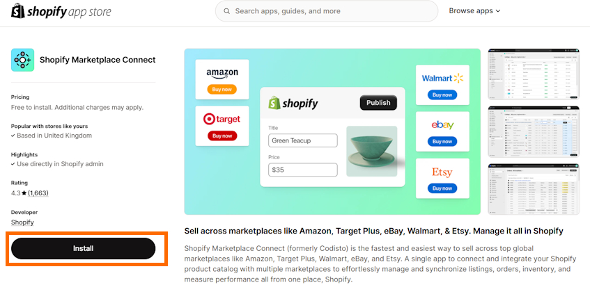 Shopify Marketplace Connect app install