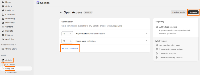 Shopify Collabs open access program