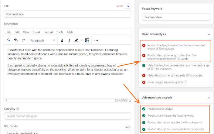 TinySEO meta title and description SEO analysis