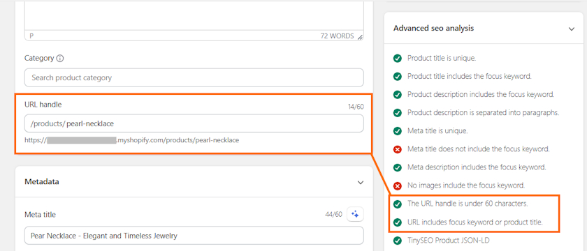 TinySEO URL handle SEO analysis