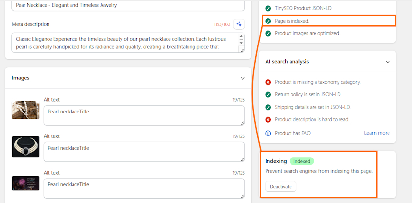 TinySEO page indexing analysis