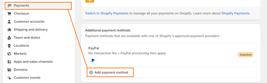 Add additional payment method to Shopify