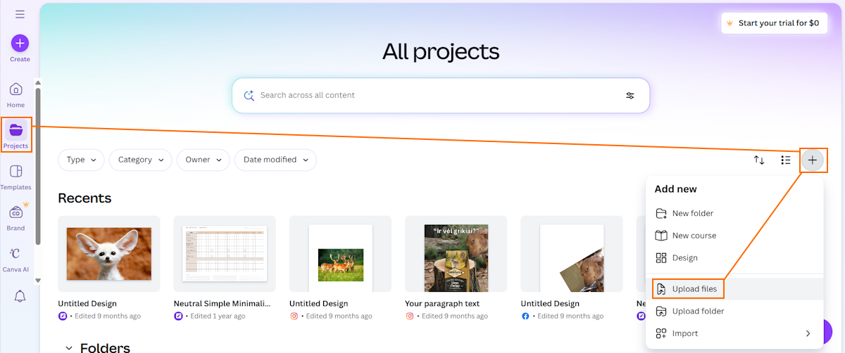 Upload files to Canva