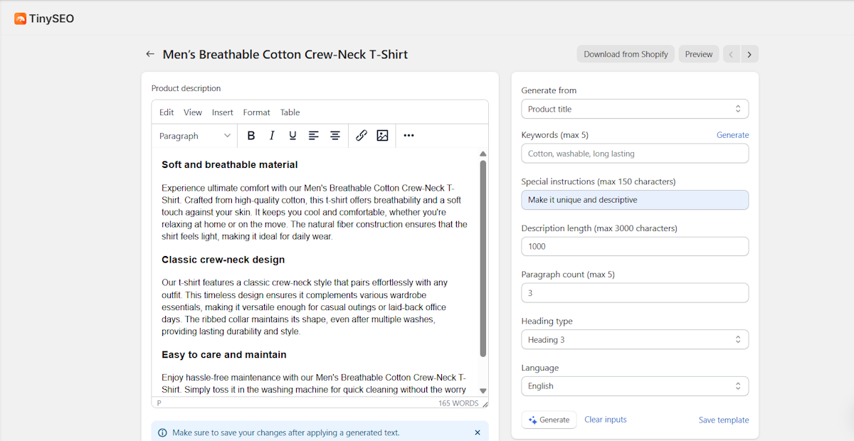 TinySEO product description generation with AI