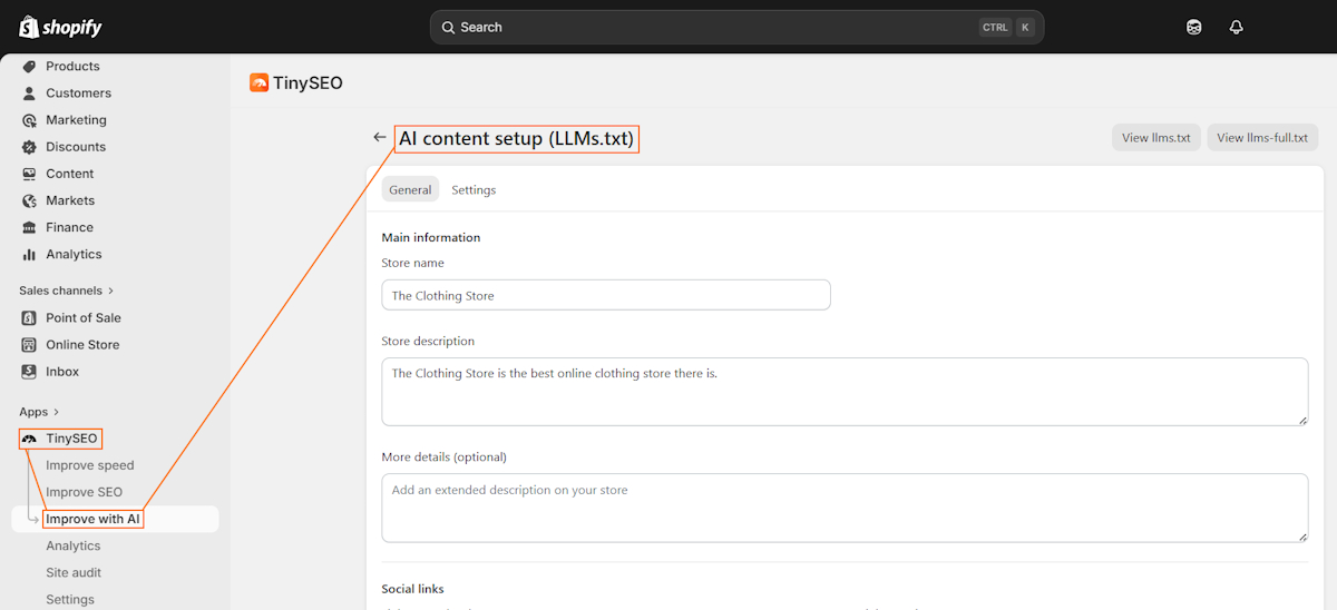 TinySEO LLMs.txt file generation