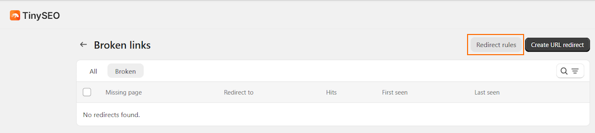 Broken link redirect rule button on TinySEO