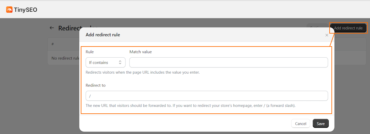 Create broken link redirect rules on TinySEO