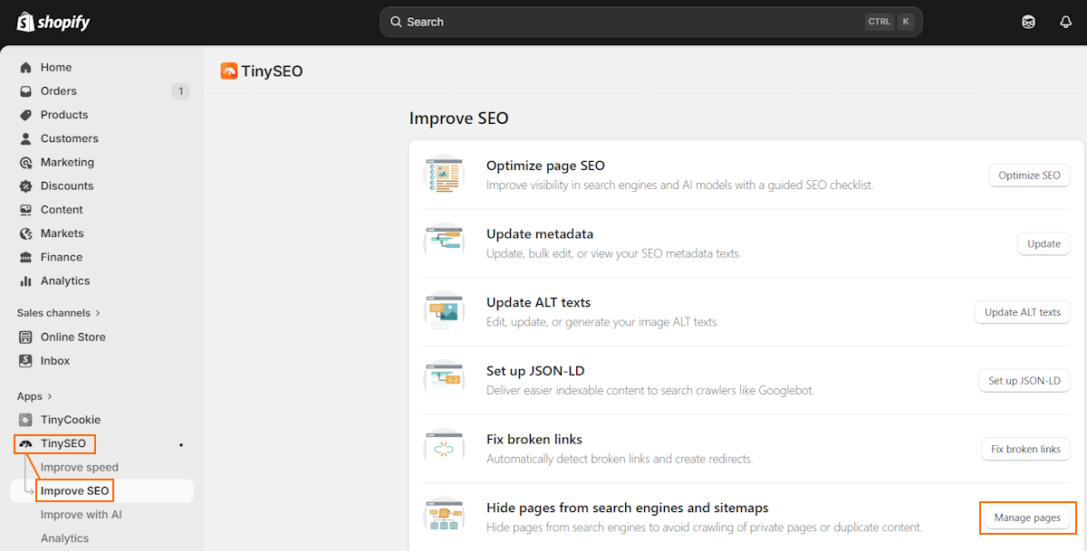 TinySEO feature for page indexing