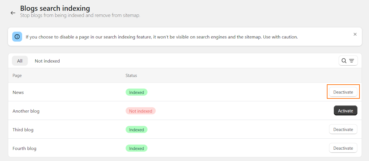 Manage page indexing with TinySEO