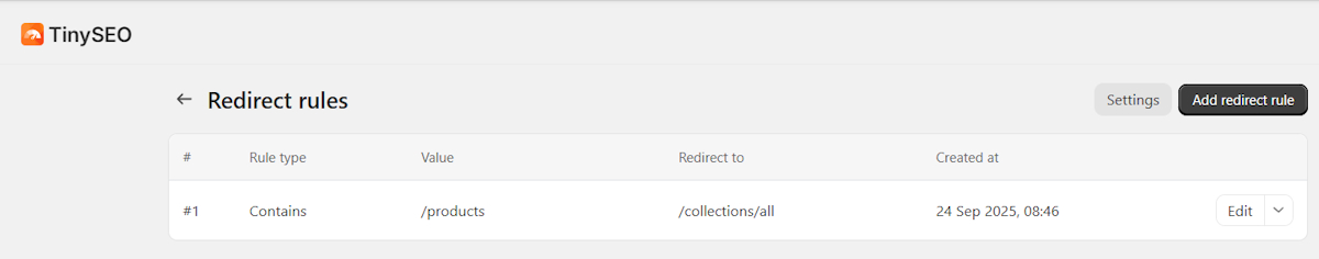 Create redirect rules on TinySEO