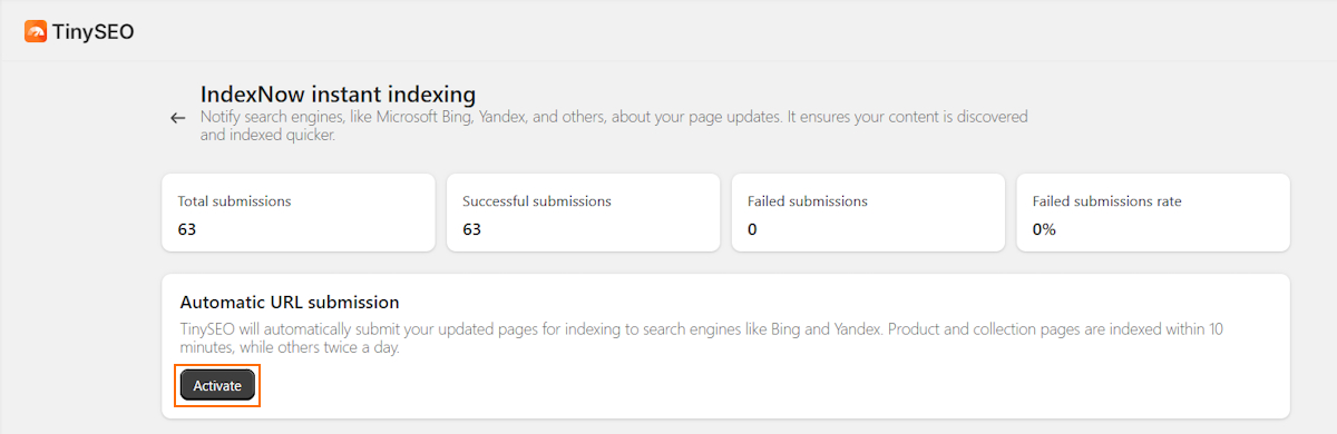 Enable TinySEO instant indexing