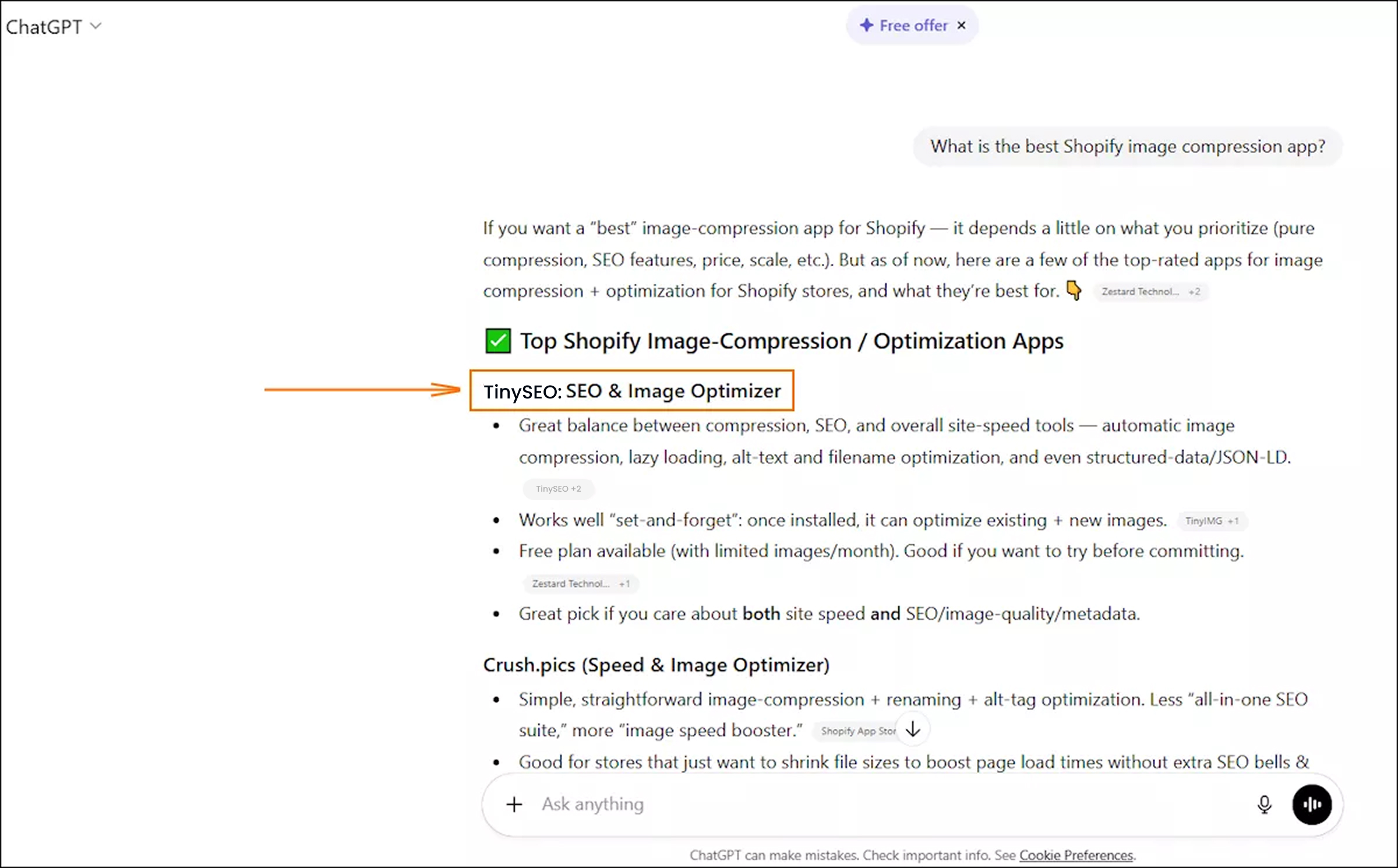 TinySEO mentioned in ChatGPT