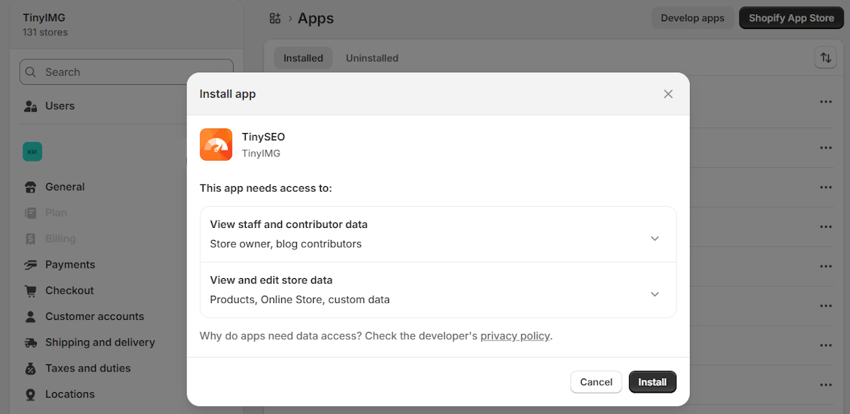 Install TinySEO on Shopify