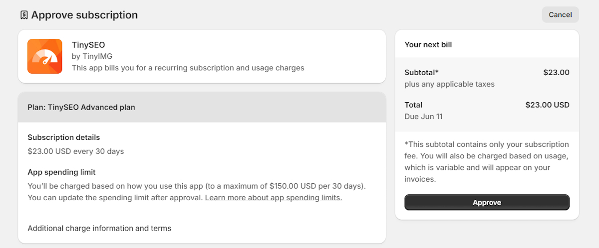 TinySEO subscription details