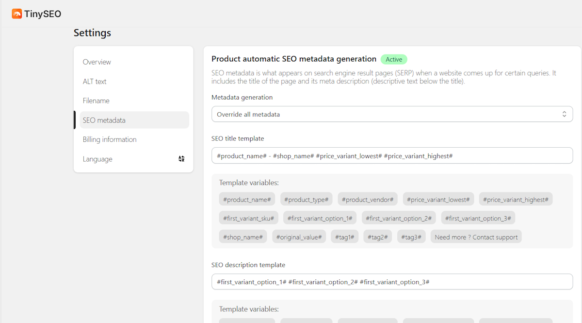 TinySEO metadata templates