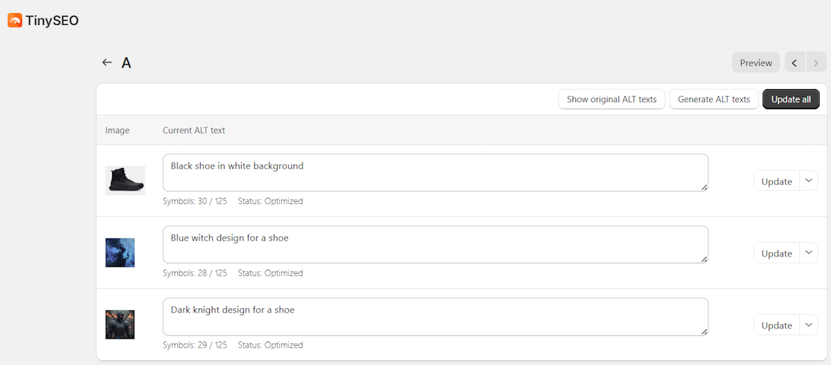 TinySEO bulk alt text editing