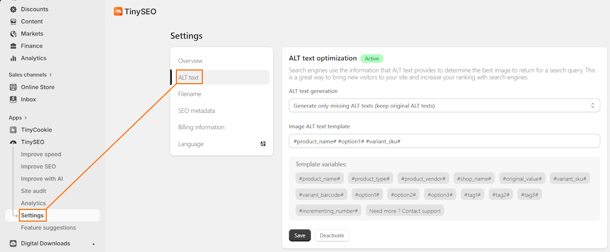Alt text templates on TinySEO
