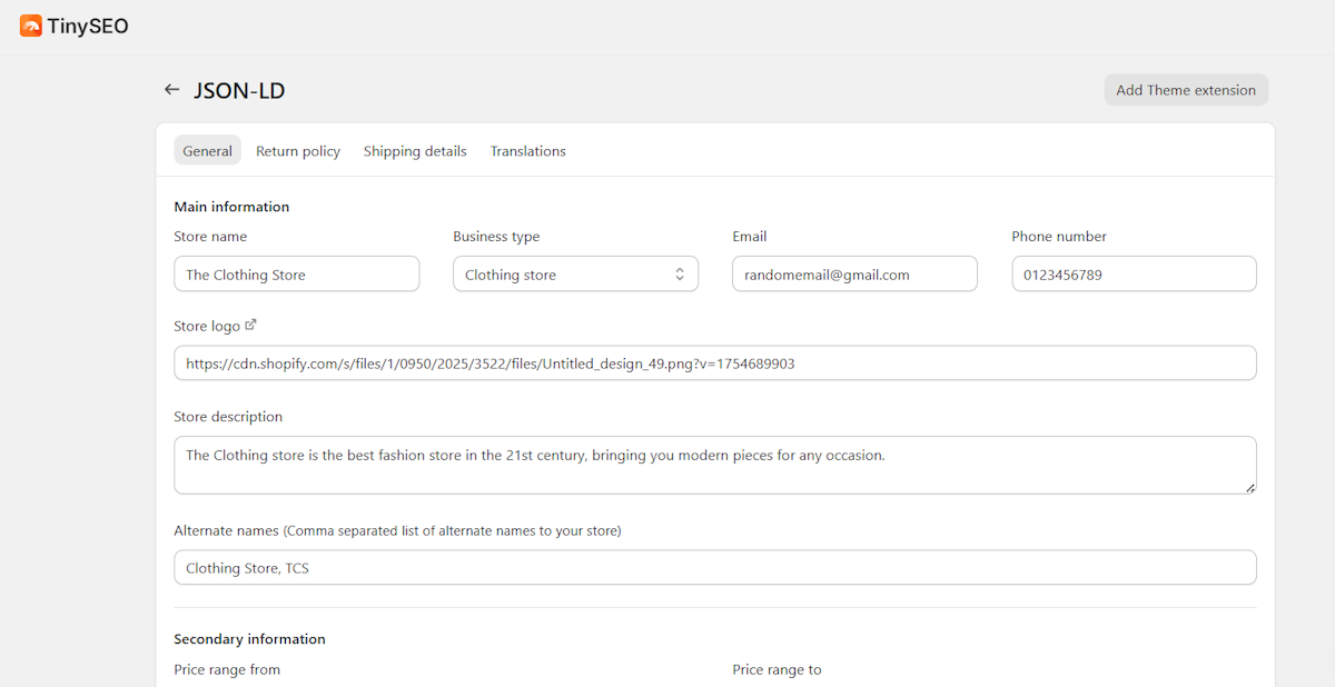 TinySEO json-ld setup