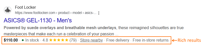 Rich results on Google example
