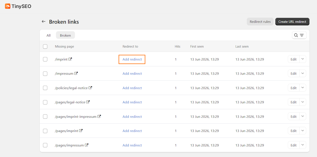 TinySEO broken link fixing