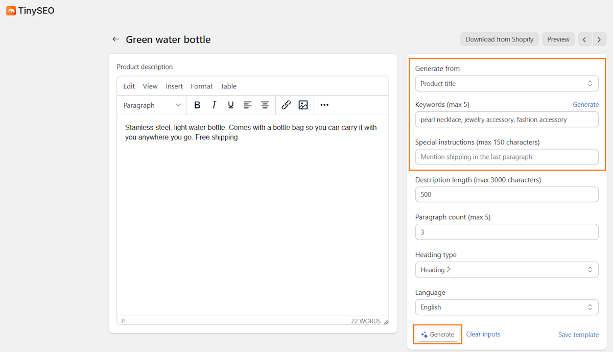 TinySEO AI product description generation